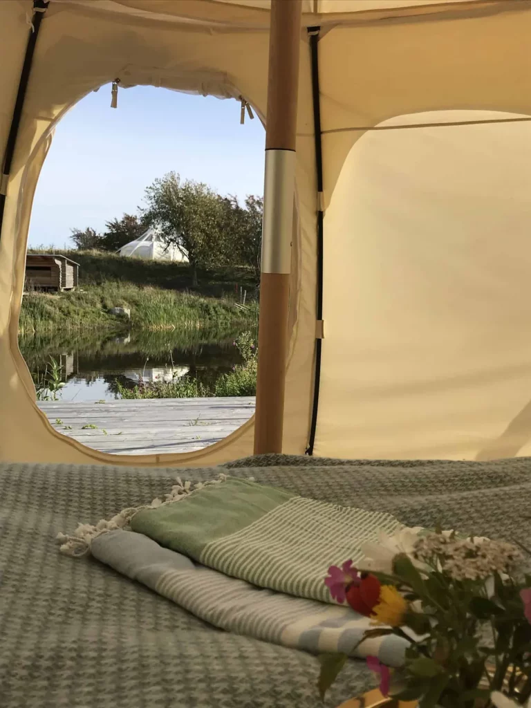 Glamping på Ærø hos teglværkspladsen udsigt fra sengen over den lille sø